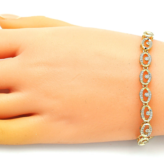 Oro Laminado Fancy Bracelet, Gold Filled Style Evil Eye Design, with White Micro Pave, Polished, Golden Finish
