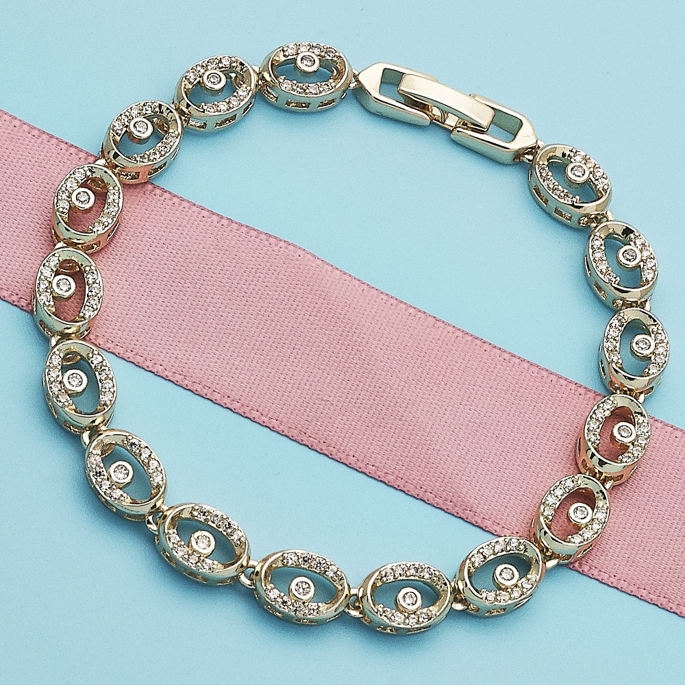 Oro Laminado Fancy Bracelet, Gold Filled Style Evil Eye Design, with White Micro Pave, Polished, Golden Finish