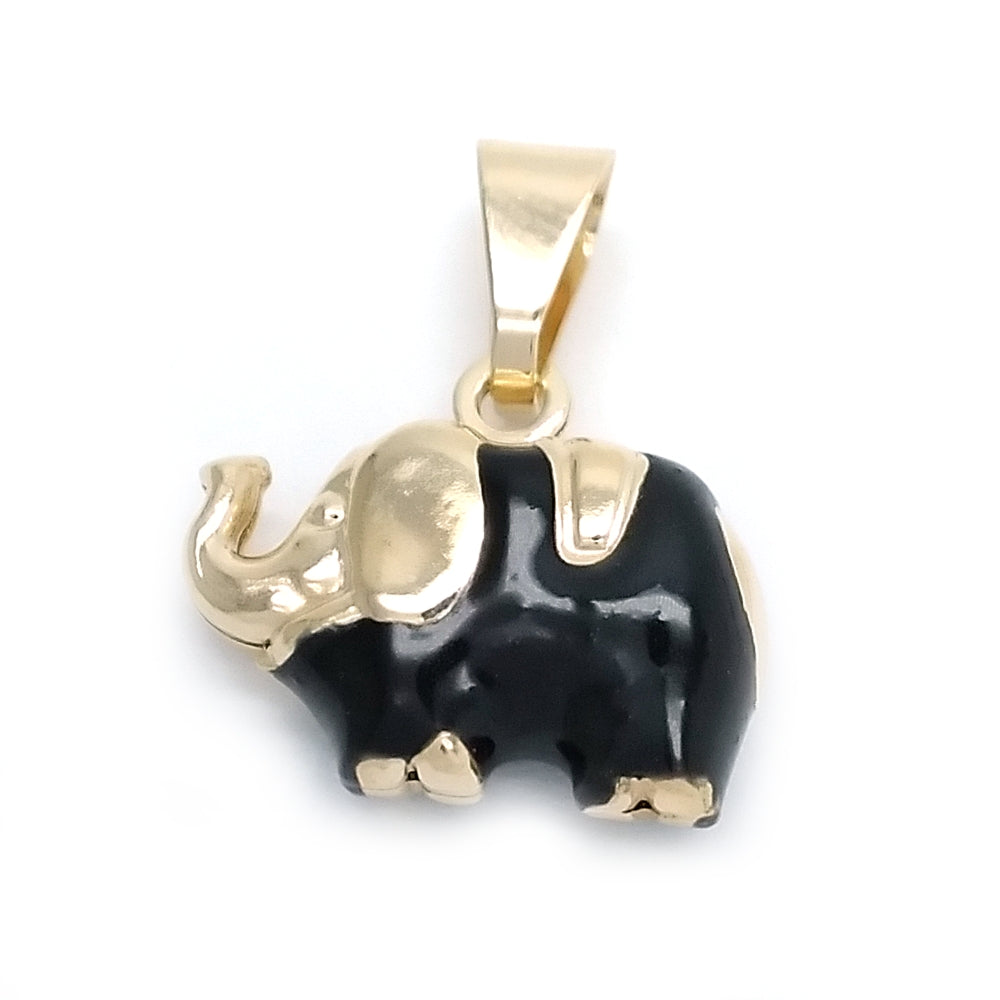 Oro Laminado Fancy Pendant, Gold Filled Style Elephant Design, Black Enamel Finish, Golden Finish