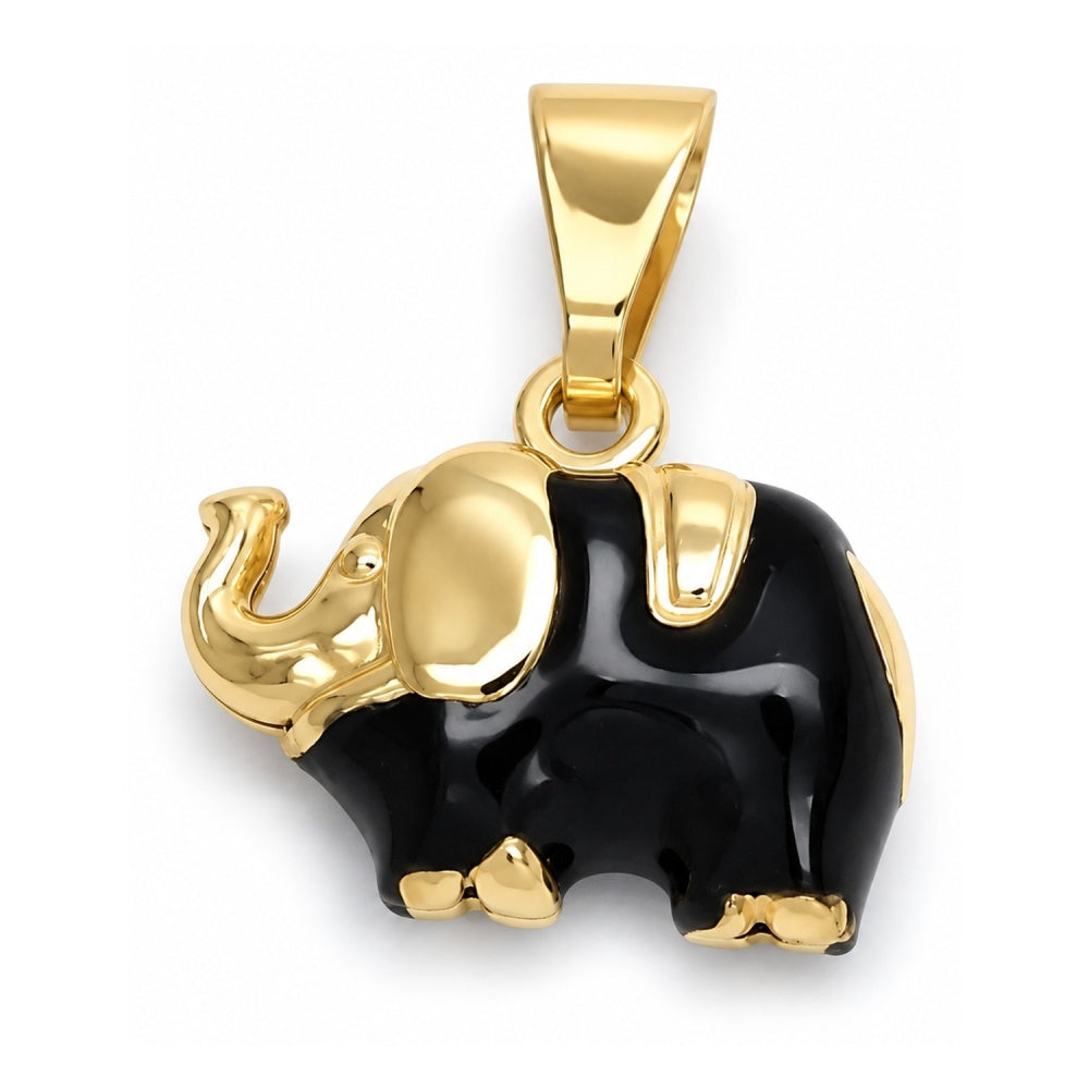 Oro Laminado Fancy Pendant, Gold Filled Style Elephant Design, Black Enamel Finish, Golden Finish