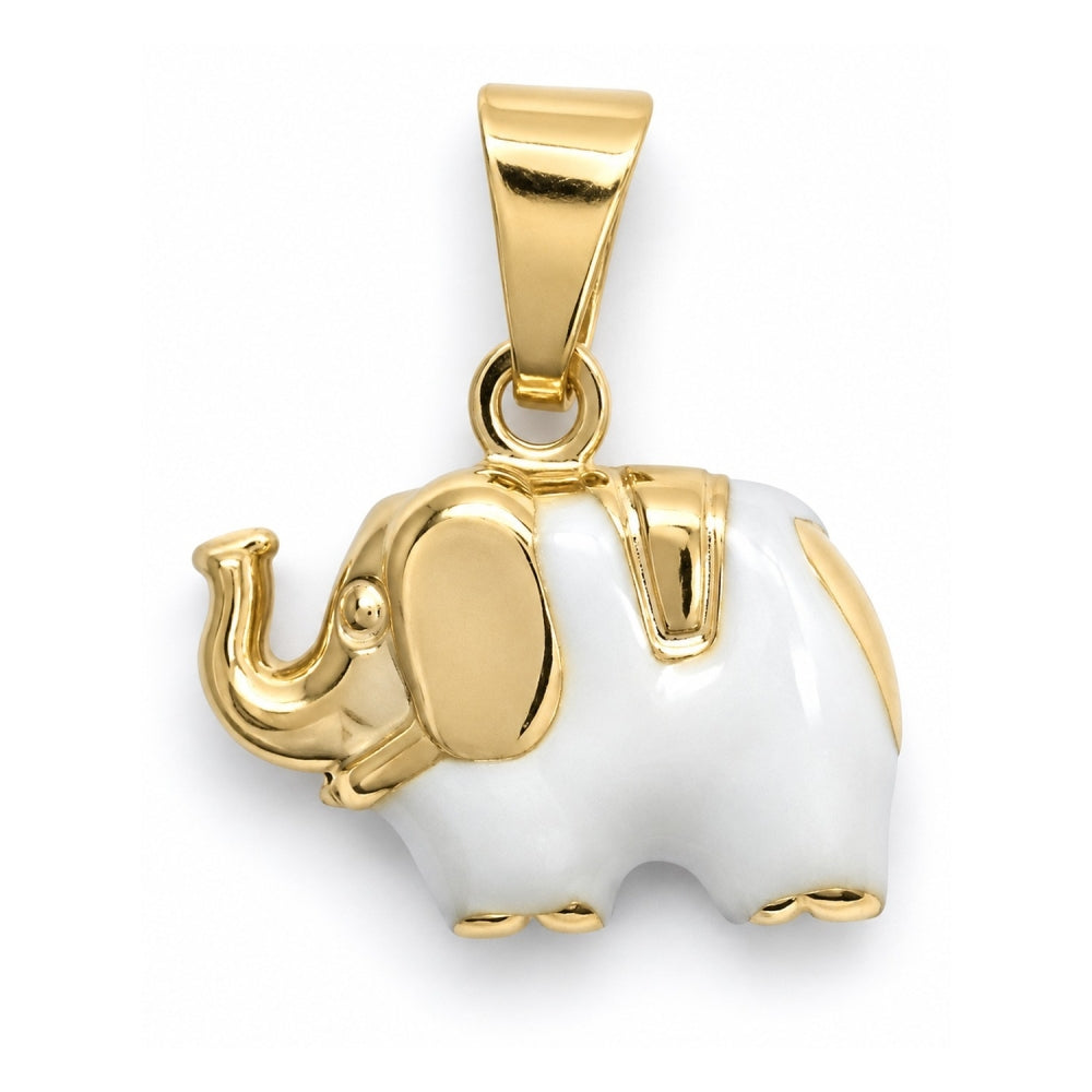 Oro Laminado Fancy Pendant, Gold Filled Style Elephant Design, White Enamel Finish, Golden Finish