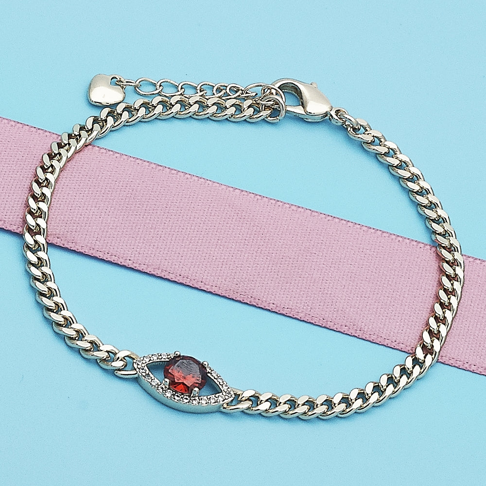 Oro Laminado Fancy Bracelet, Gold Filled Style Evil Eye Design, with Garnet Cubic Zirconia and White Micro Pave, Polished, Golden Finish
