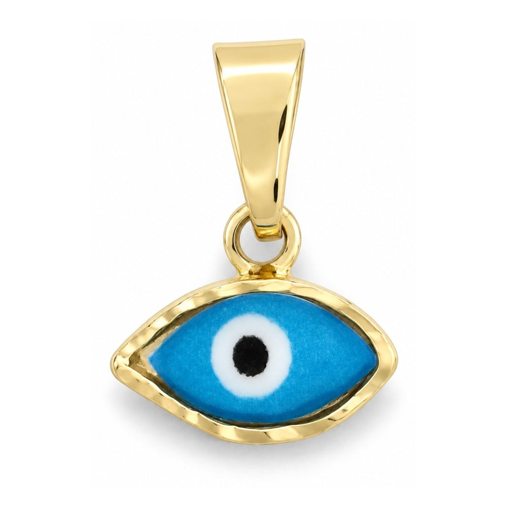 Oro Laminado Fancy Pendant, Gold Filled Style Evil Eye Design, Azul claro Enamel Finish, Golden Finish