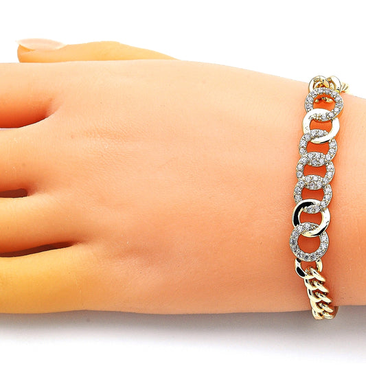 Oro Laminado Fancy Bracelet, Gold Filled Style with White Micro Pave, Polished, Golden Finish