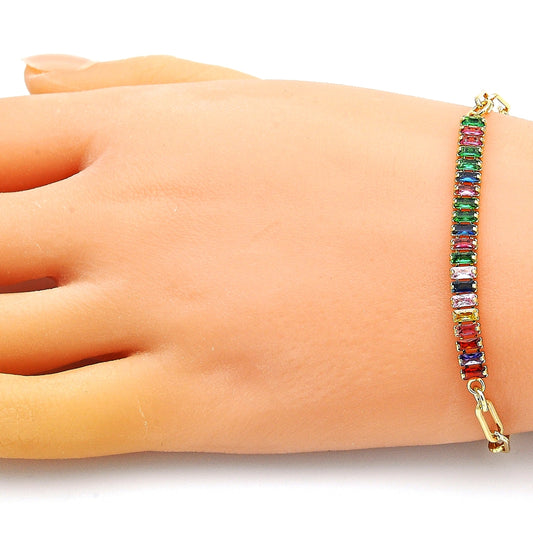 Oro Laminado Fancy Bracelet, Gold Filled Style Paperclip and Baguette Design, with Multicolor Cubic Zirconia, Polished, Golden Finish