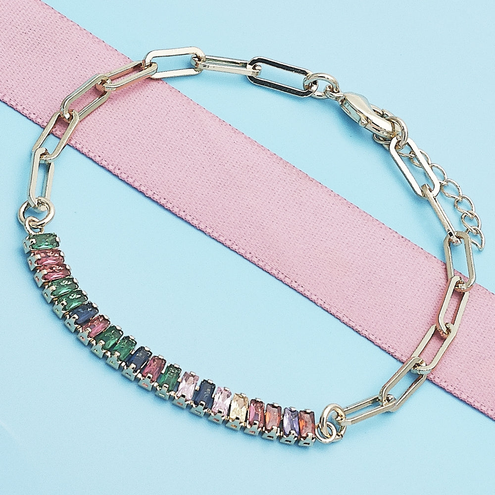 Oro Laminado Fancy Bracelet, Gold Filled Style Paperclip and Baguette Design, with Multicolor Cubic Zirconia, Polished, Golden Finish