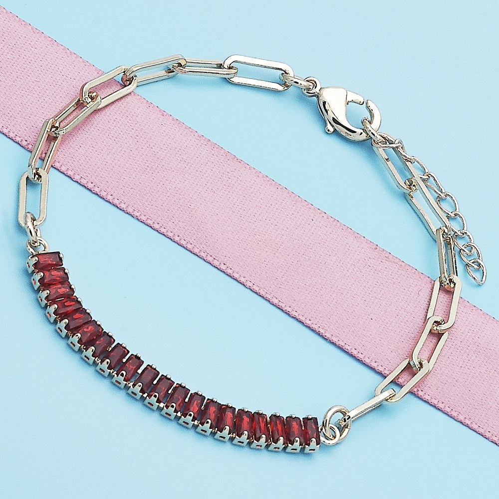 Oro Laminado Fancy Bracelet, Gold Filled Style Paperclip and Baguette Design, with Garnet Cubic Zirconia, Polished, Golden Finish