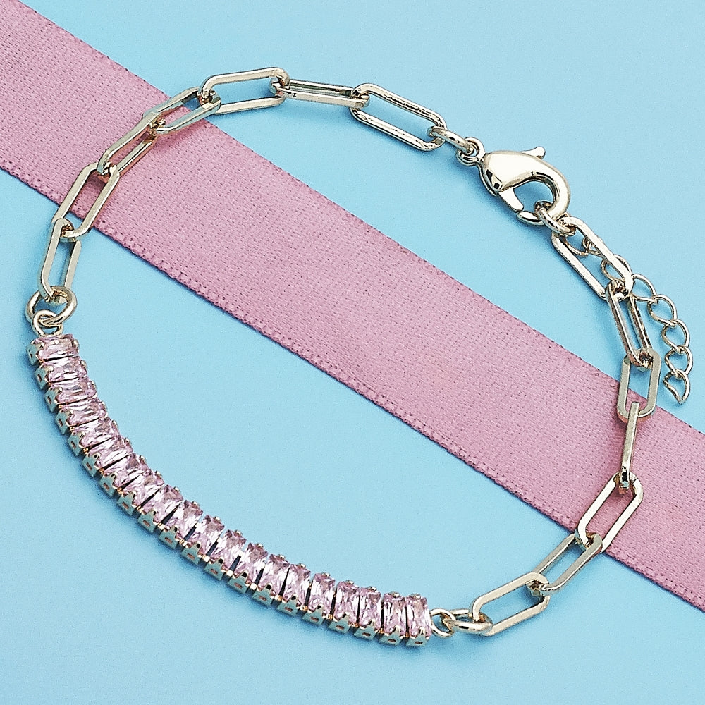 Oro Laminado Fancy Bracelet, Gold Filled Style Paperclip and Baguette Design, with Pink Cubic Zirconia, Polished, Golden Finish