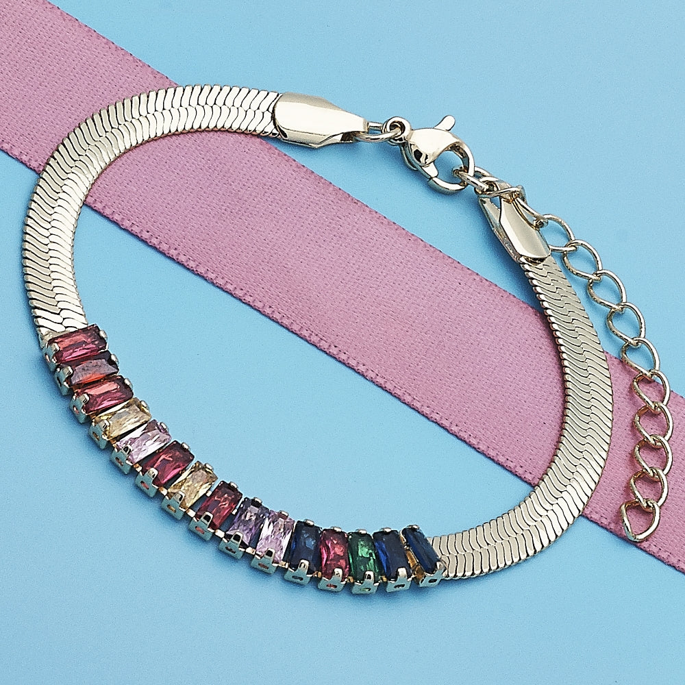Oro Laminado Fancy Bracelet, Gold Filled Style Baguette Design, with Multicolor Cubic Zirconia, Polished, Golden Finish