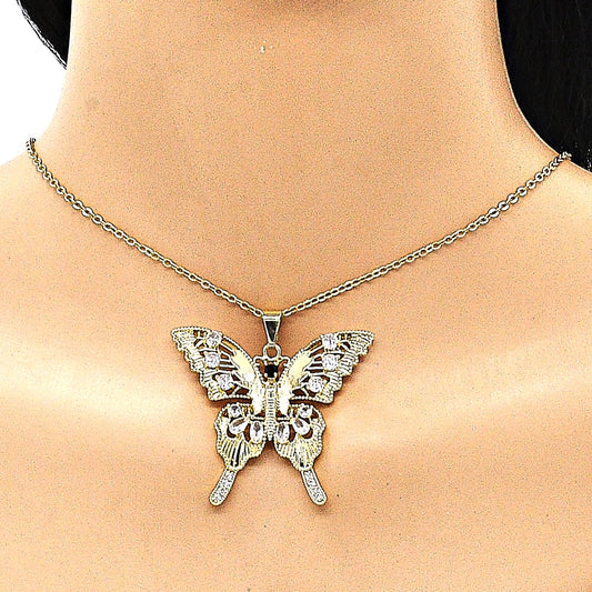 Oro Laminado Fancy Pendant, Gold Filled Style Butterfly Design, with White and Black Cubic Zirconia, Polished, Golden Finish