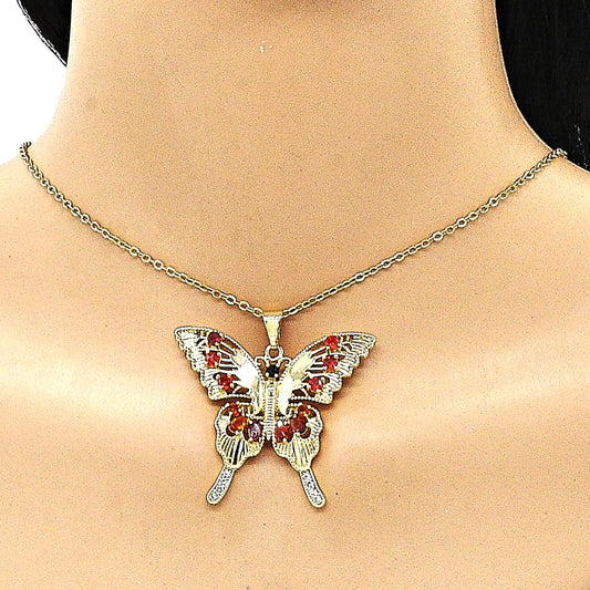 Oro Laminado Fancy Pendant, Gold Filled Style Butterfly Design, with Garnet and Black Cubic Zirconia, Polished, Golden Finish