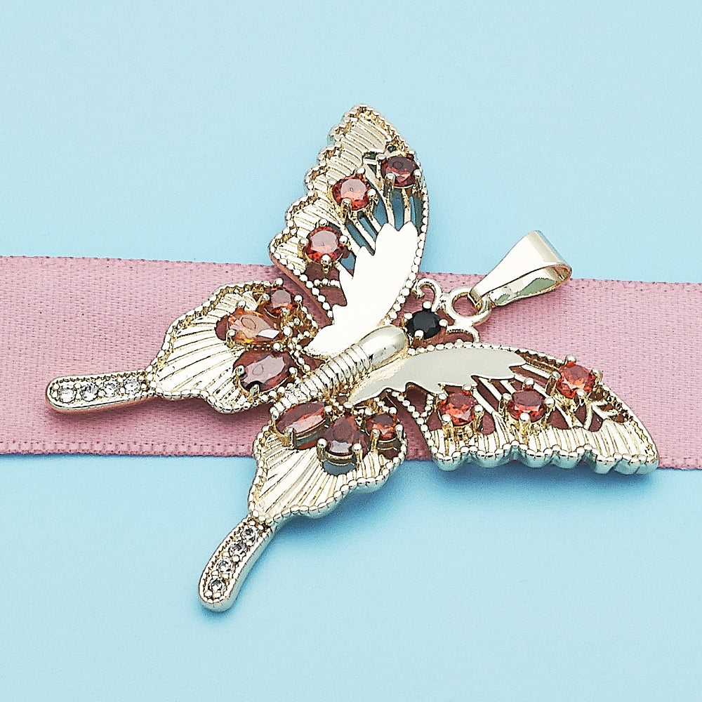 Oro Laminado Fancy Pendant, Gold Filled Style Butterfly Design, with Garnet and Black Cubic Zirconia, Polished, Golden Finish