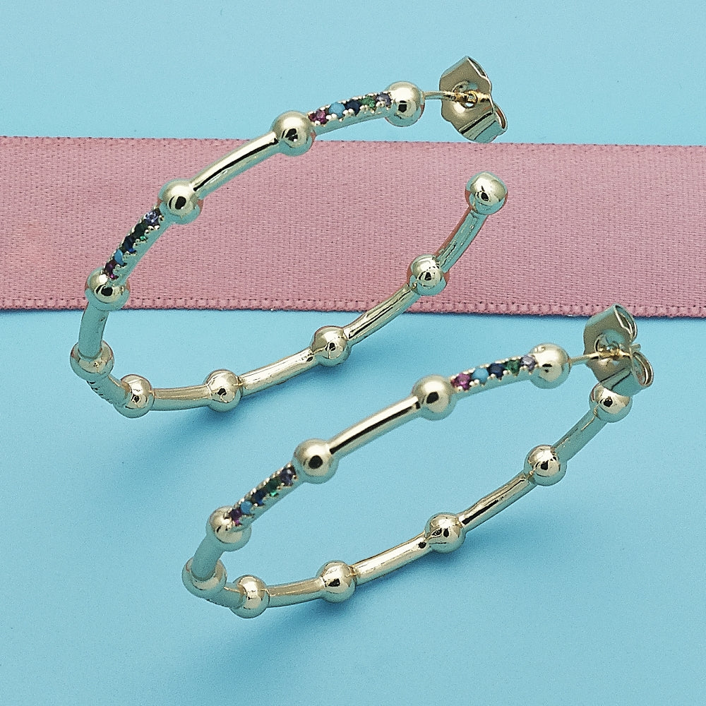 Oro Laminado Stud Earring, Gold Filled Style with Multicolor Micro Pave, Polished, Golden Finish