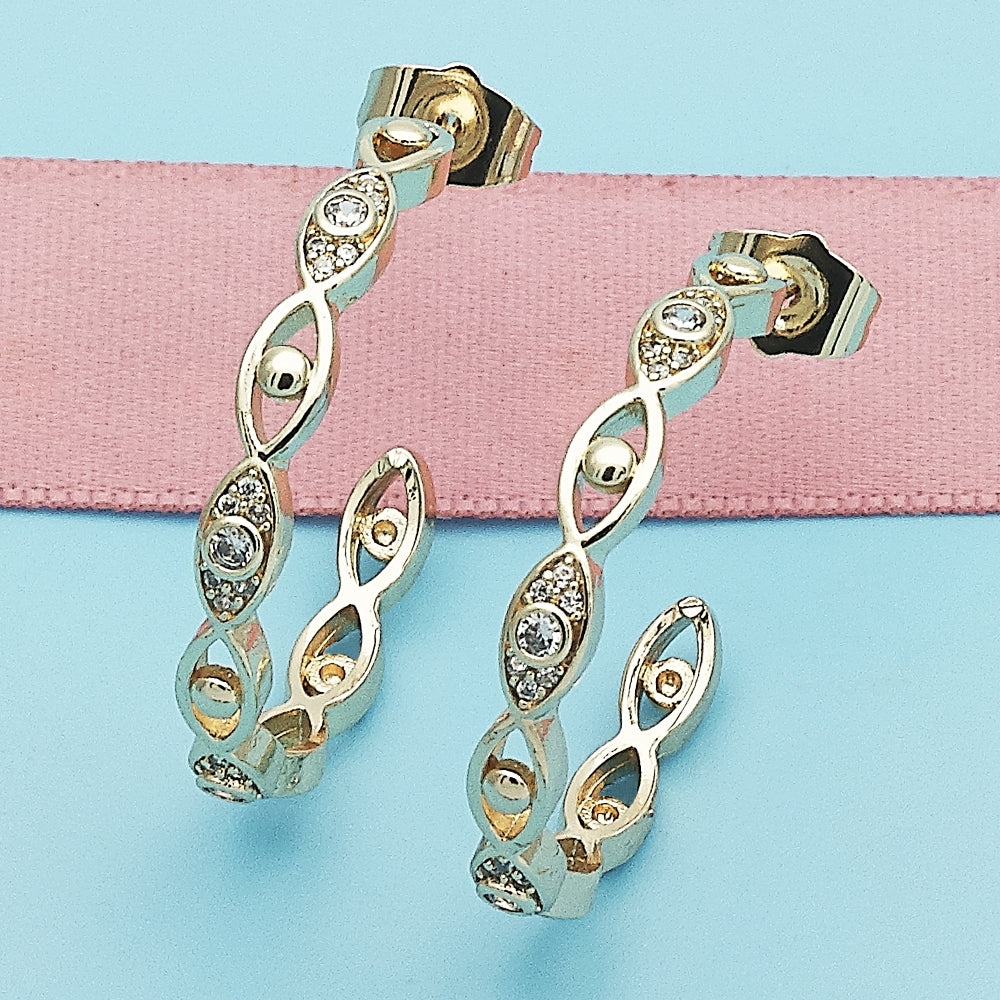 Oro Laminado Medium Hoop, Gold Filled Style Evil Eye Design, with White Micro Pave, Polished, Golden Finish