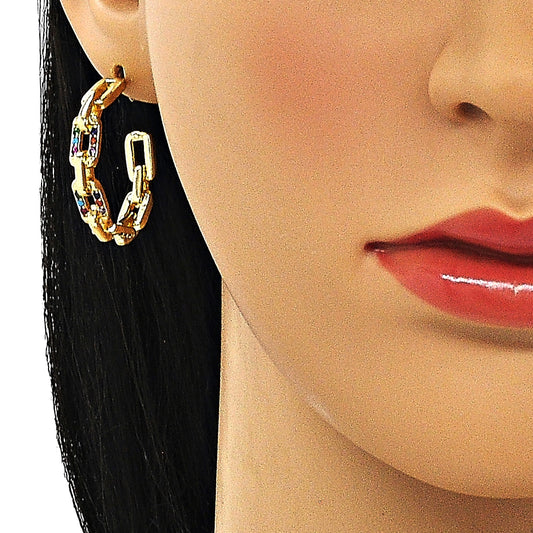 Oro Laminado Medium Hoop, Gold Filled Style Paperclip Design, with Multicolor Micro Pave, Polished, Golden Finish