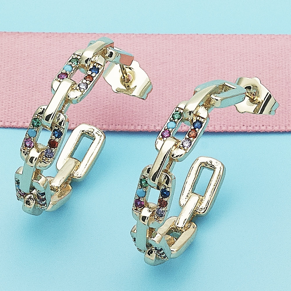 Oro Laminado Medium Hoop, Gold Filled Style Paperclip Design, with Multicolor Micro Pave, Polished, Golden Finish