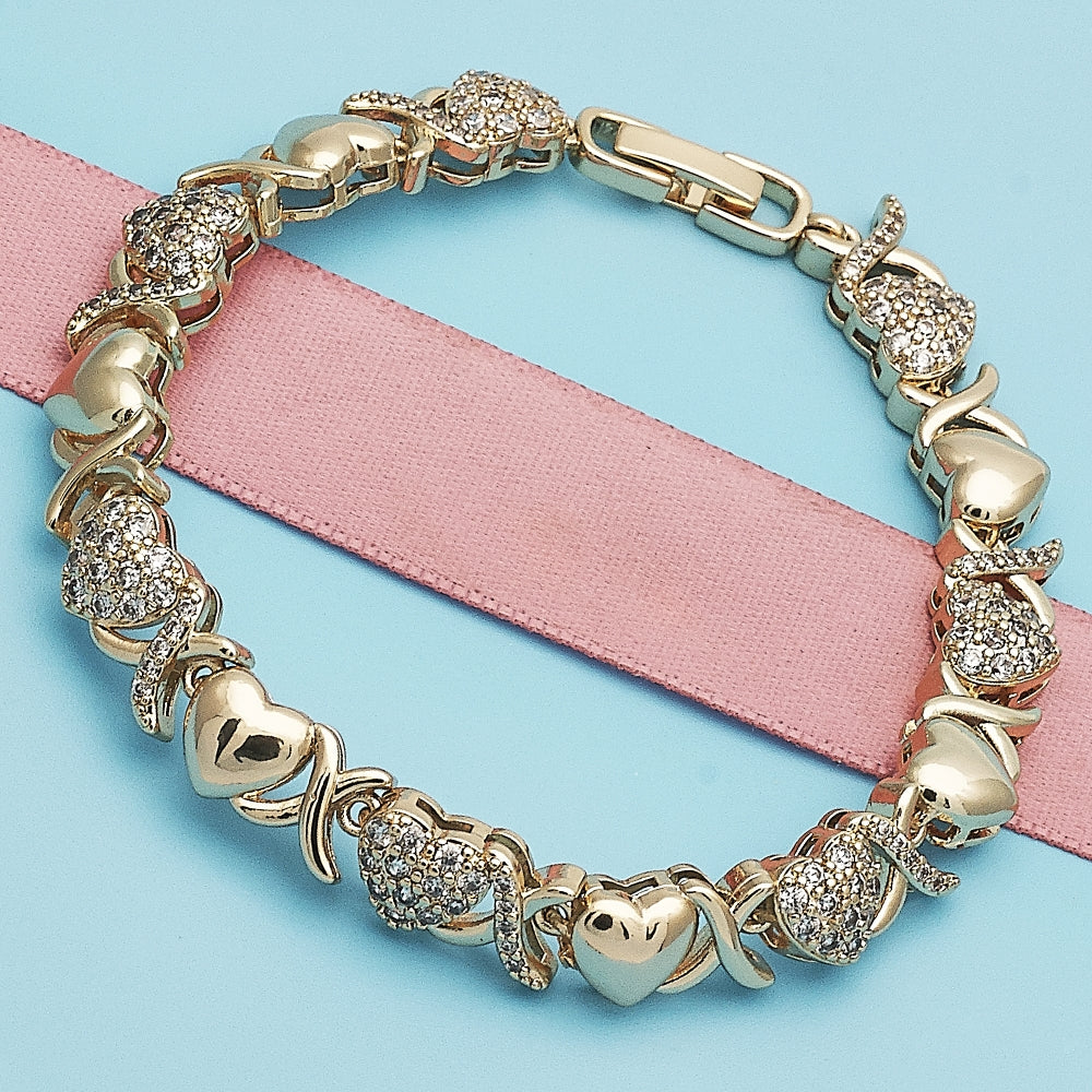 Oro Laminado Fancy Bracelet, Gold Filled Style Hugs and Kisses and Heart Design, with White Micro Pave, Polished, Golden Finish