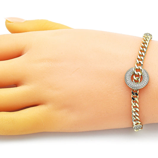 Oro Laminado Fancy Bracelet, Gold Filled Style Miami Cuban Design, with White Micro Pave, Polished, Golden Finish