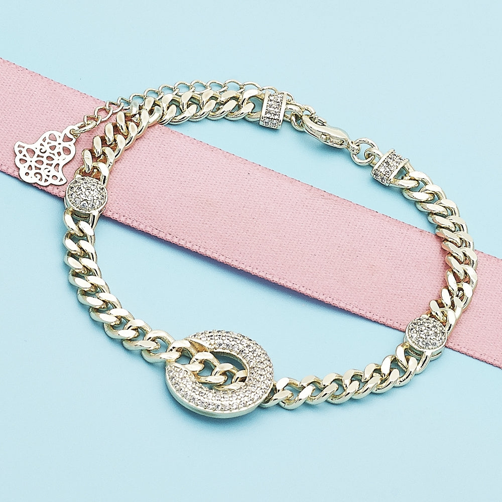 Oro Laminado Fancy Bracelet, Gold Filled Style Miami Cuban Design, with White Micro Pave, Polished, Golden Finish