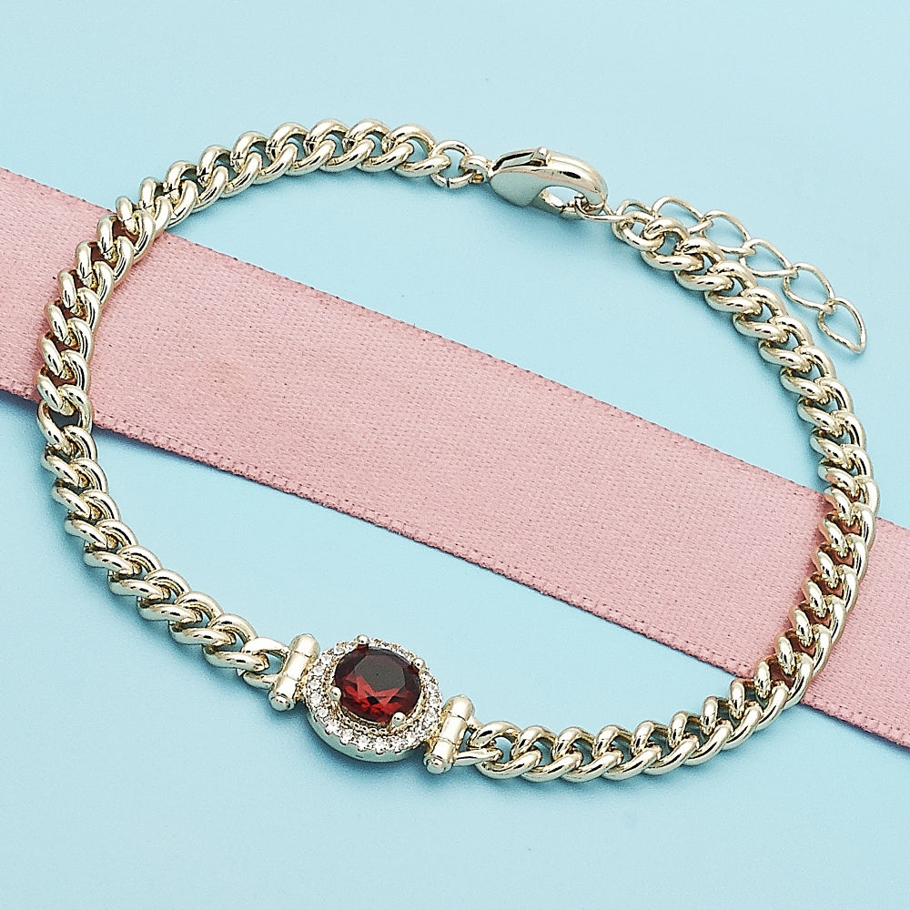 Oro Laminado Fancy Bracelet, Gold Filled Style with Garnet Cubic Zirconia and White Micro Pave, Polished, Golden Finish