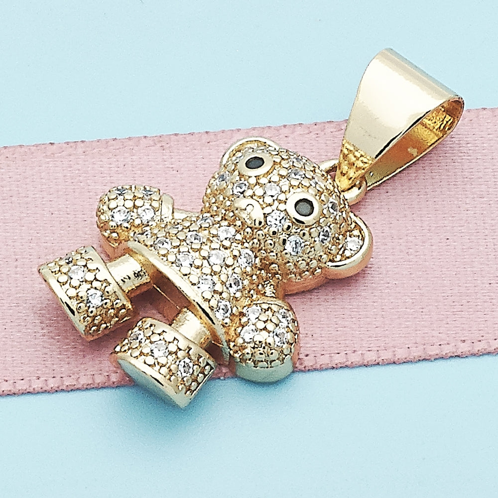 Oro Laminado Fancy Pendant, Gold Filled Style Teddy Bear Design, with White and Black Micro Pave, Polished, Golden Finish
