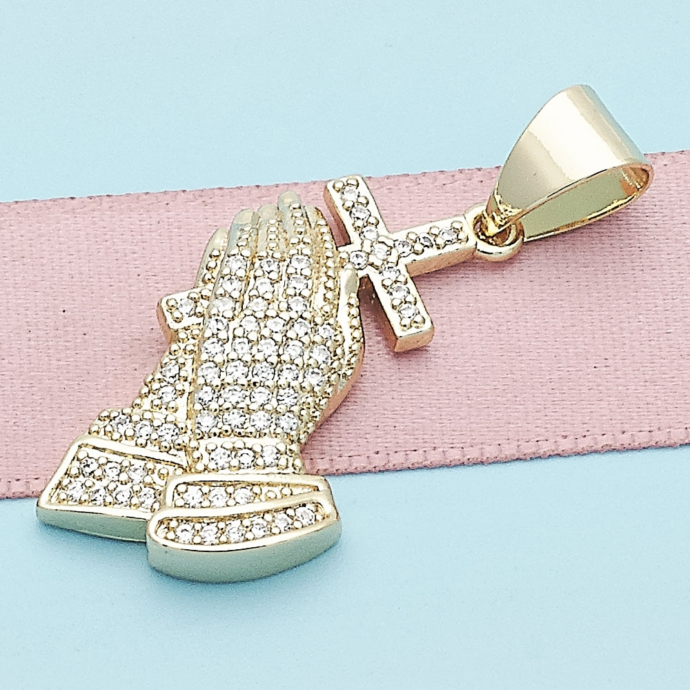 Oro Laminado Religious Pendant, Gold Filled Style Praying Hands and Cross Design, with White Micro Pave, Polished, Golden Finish
