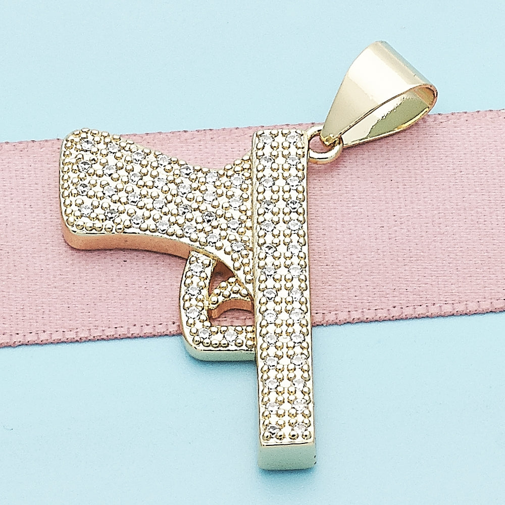 Oro Laminado Fancy Pendant, Gold Filled Style with White Micro Pave, Polished, Golden Finish