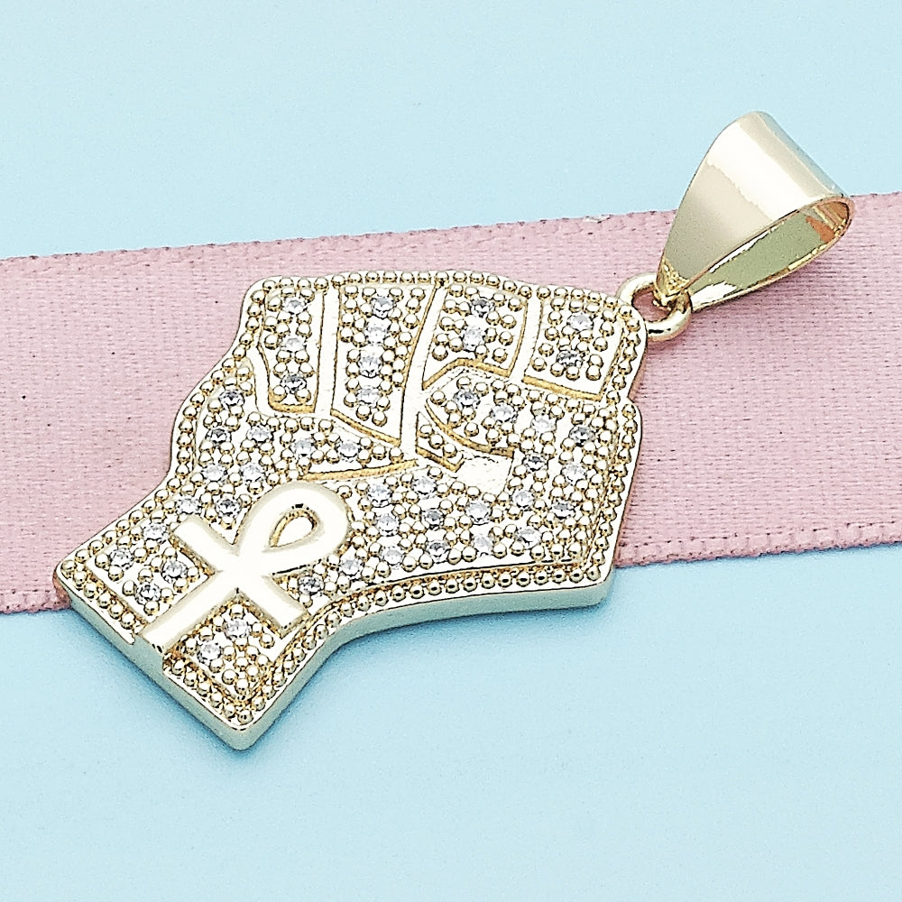 Oro Laminado Fancy Pendant, Gold Filled Style with White Micro Pave, Polished, Golden Finish