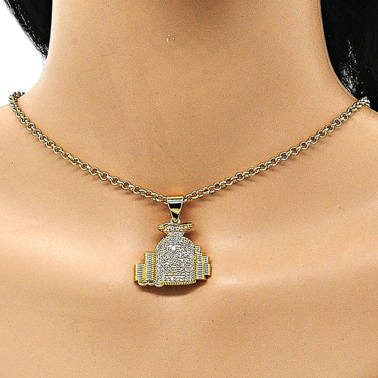 Oro Laminado Fancy Pendant, Gold Filled Style Money Sign Design, with White Micro Pave, Polished, Golden Finish