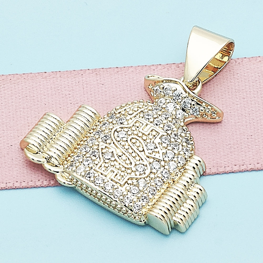 Oro Laminado Fancy Pendant, Gold Filled Style Money Sign Design, with White Micro Pave, Polished, Golden Finish