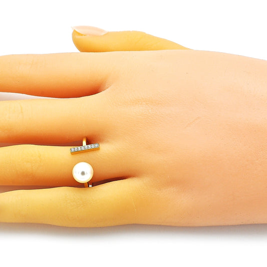 Oro Laminado Multi Stone Ring, Gold Filled Style with Ivory Pearl and White Micro Pave, Polished, Golden Finish