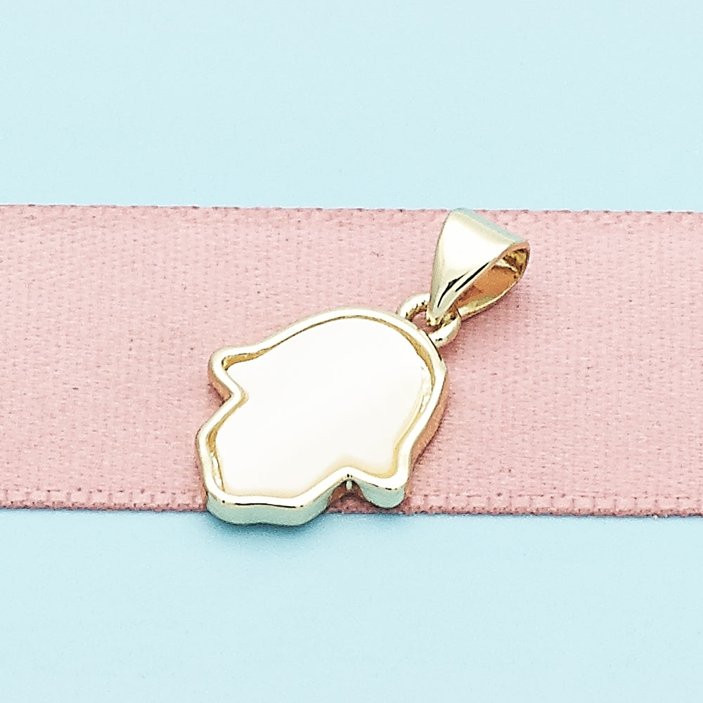 Oro Laminado Fancy Pendant, Gold Filled Style Judaica and Hand of God Design, with White Mother of Pearl, Polished, Golden Finish
