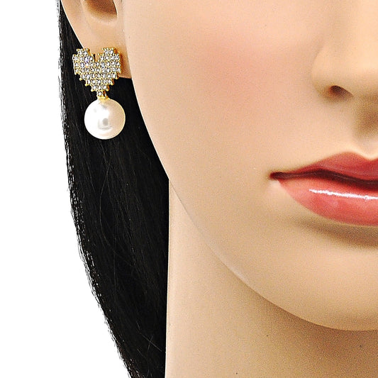 Oro Laminado Stud Earring, Gold Filled Style Heart Design, with Ivory Pearl and Crystal Crystal, Polished, Golden Finish