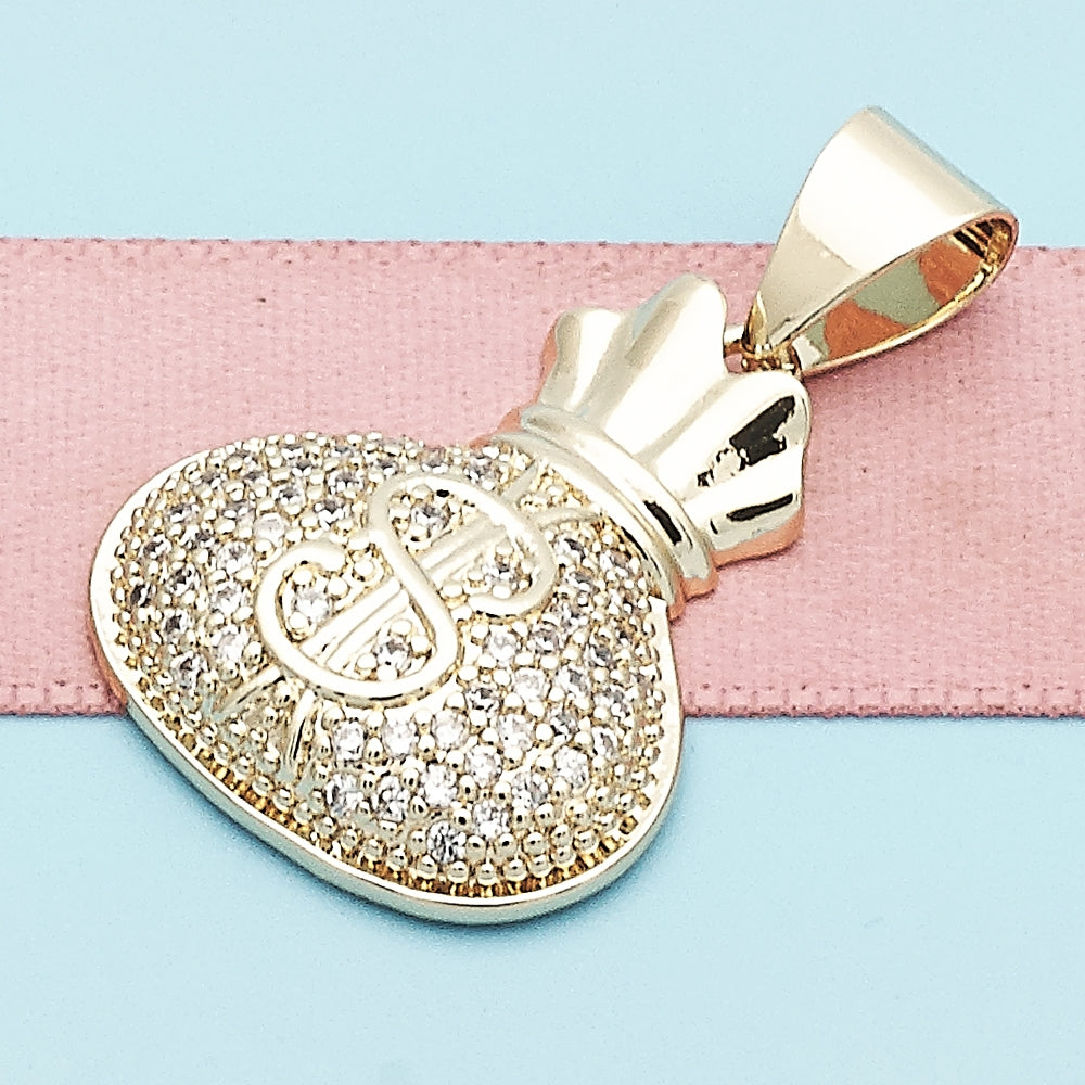 Oro Laminado Fancy Pendant, Gold Filled Style Money Sign Design, with White Micro Pave, Polished, Golden Finish