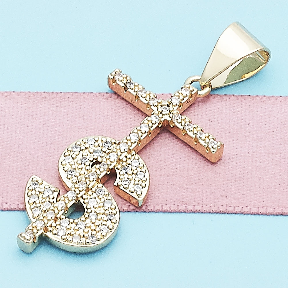 Oro Laminado Religious Pendant, Gold Filled Style Cross and Money Sign Design, with White Micro Pave, Polished, Golden Finish