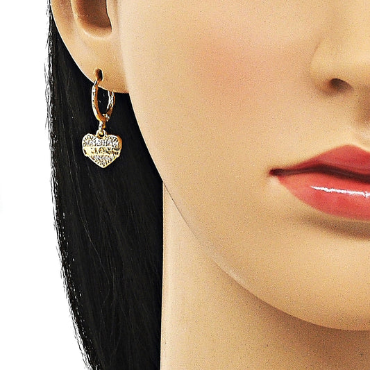 Oro Laminado Dangle Earring, Gold Filled Style Heart Design, with White Micro Pave, Polished, Golden Finish