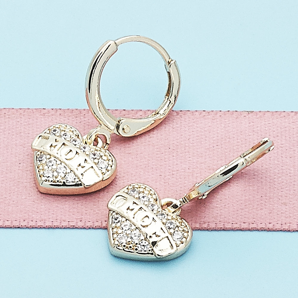 Oro Laminado Dangle Earring, Gold Filled Style Heart Design, with White Micro Pave, Polished, Golden Finish