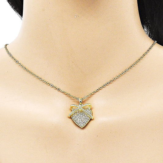 Oro Laminado Fancy Pendant, Gold Filled Style Heart Design, with White Micro Pave, Polished, Golden Finish