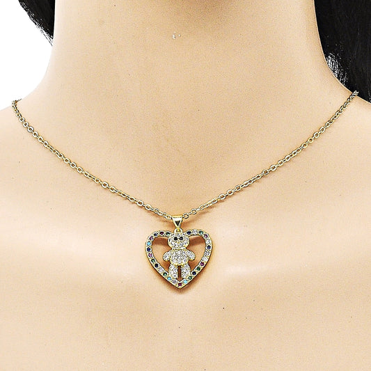 Oro Laminado Fancy Pendant, Gold Filled Style Teddy Bear and Heart Design, with Multicolor Cubic Zirconia, Polished, Golden Finish