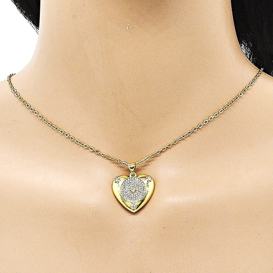 Oro Laminado Fancy Pendant, Gold Filled Style Heart Design, with White Micro Pave and White Cubic Zirconia, Polished, Golden Finish