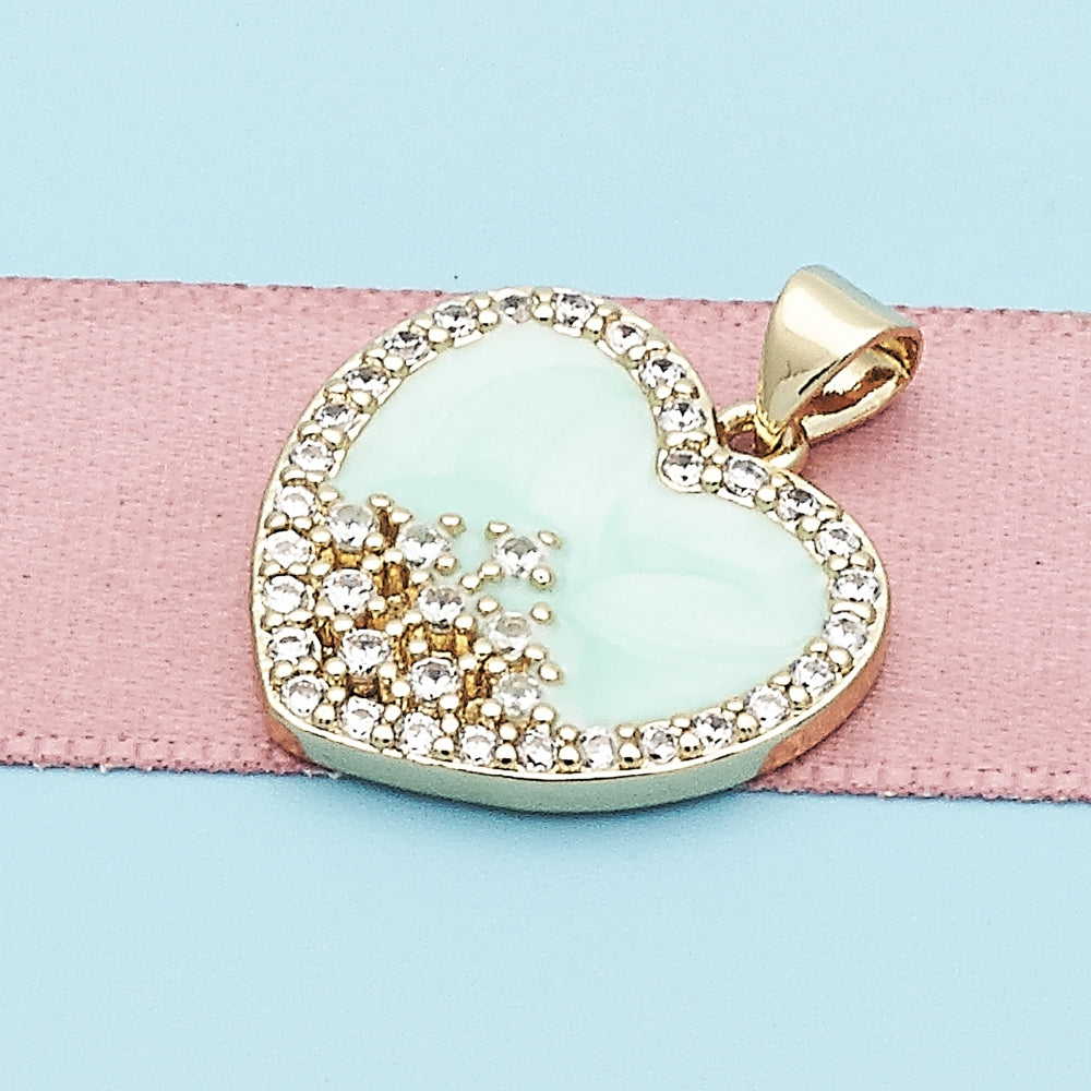 Oro Laminado Fancy Pendant, Gold Filled Style Heart Design, with White Cubic Zirconia, Turquoise Enamel Finish, Golden Finish