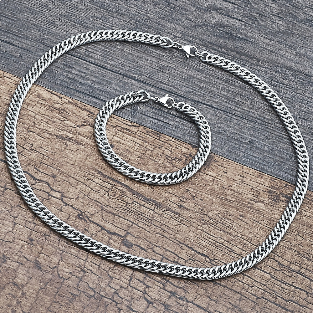 Stainless Steel Necklace and Bracelet, Miami Cuban Design, Polished, Raw