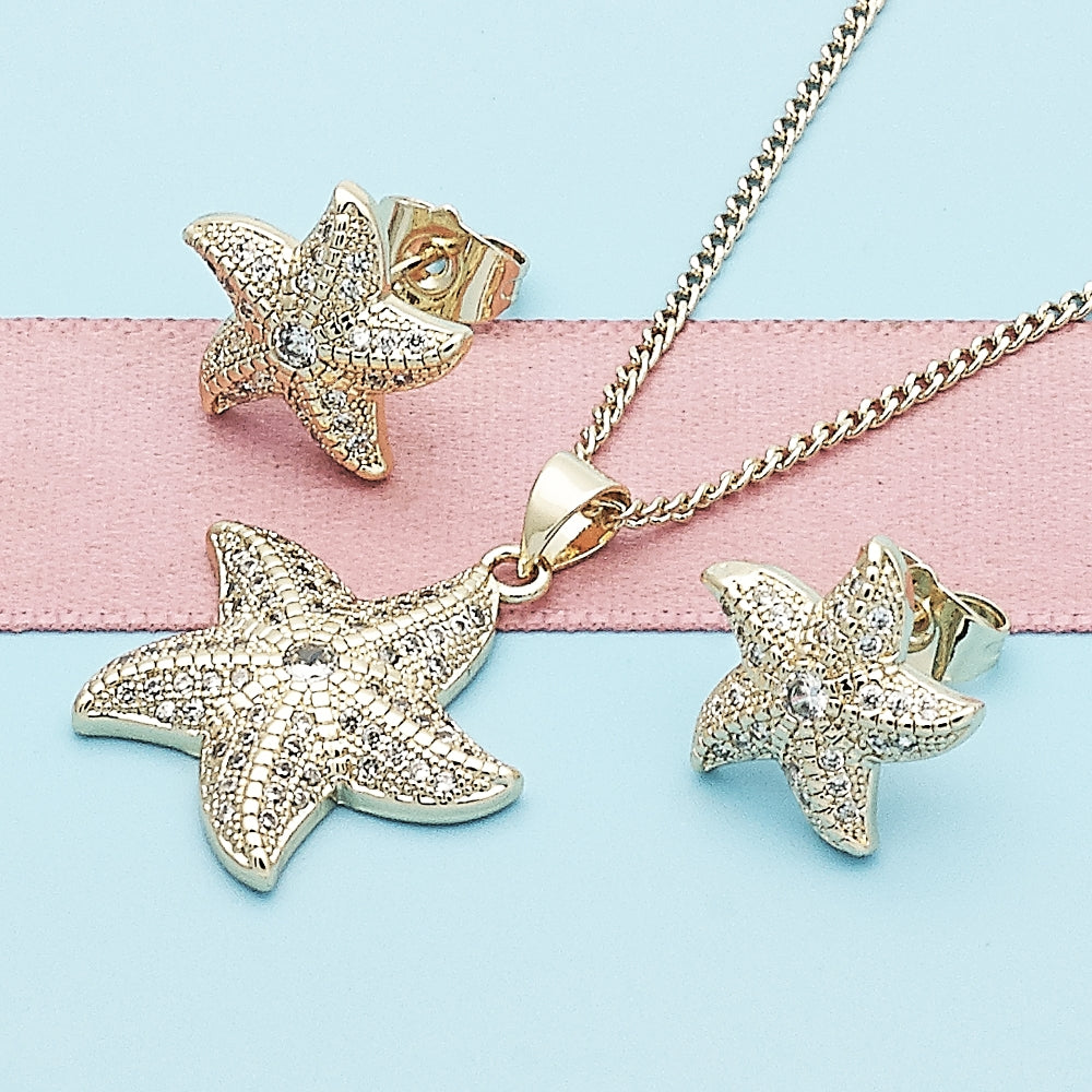 Oro Laminado Earring and Pendant Adult Set, Gold Filled Style Star Design, with White Micro Pave and White Cubic Zirconia, Polished, Golden Finish