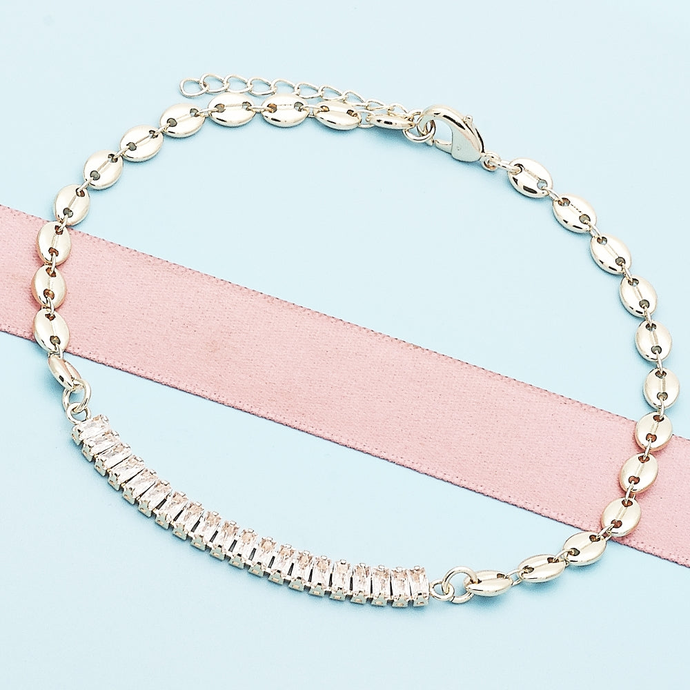 Oro Laminado Fancy Anklet, Gold Filled Style Puff Mariner and Baguette Design, with White Cubic Zirconia, Polished, Golden Finish