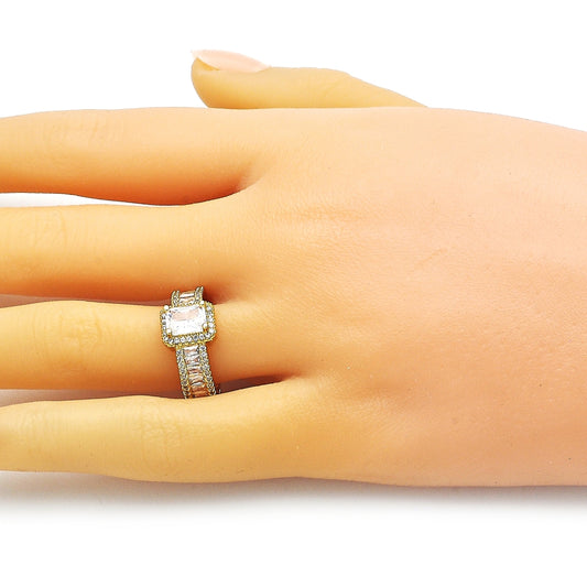 Oro Laminado Multi Stone Ring, Gold Filled Style Baguette Design, with White Cubic Zirconia and White Micro Pave, Polished, Golden Finish