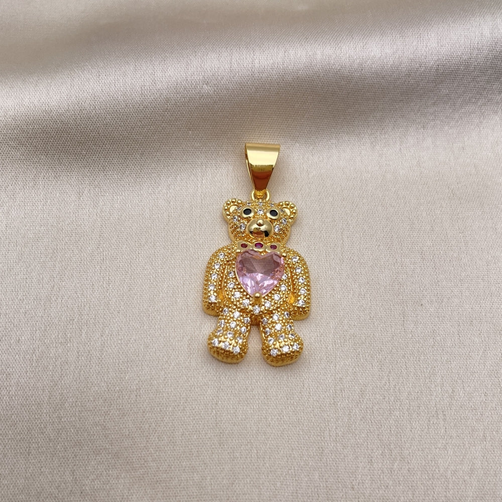 Oro Laminado Fancy Pendant, Gold Filled Style Teddy Bear and Heart Design, with Pink Cubic Zirconia and White Micro Pave, Polished, Golden Finish