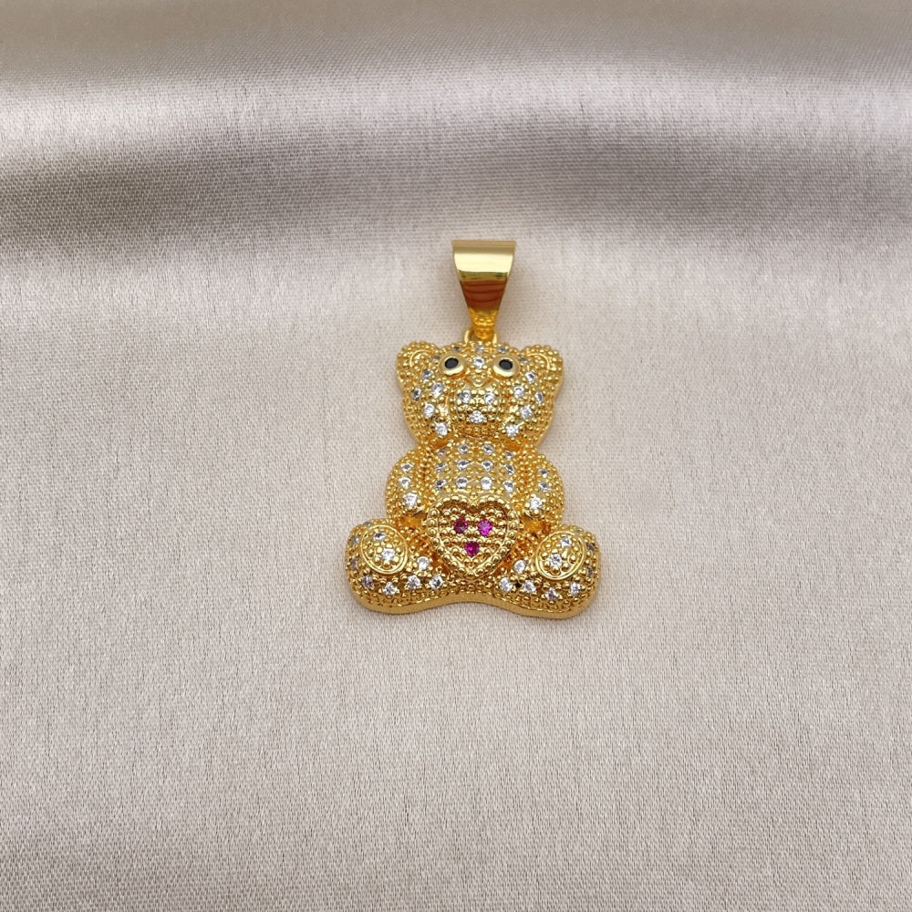 Oro Laminado Fancy Pendant, Gold Filled Style Teddy Bear and Heart Design, with White and Black Micro Pave, Polished, Golden Finish