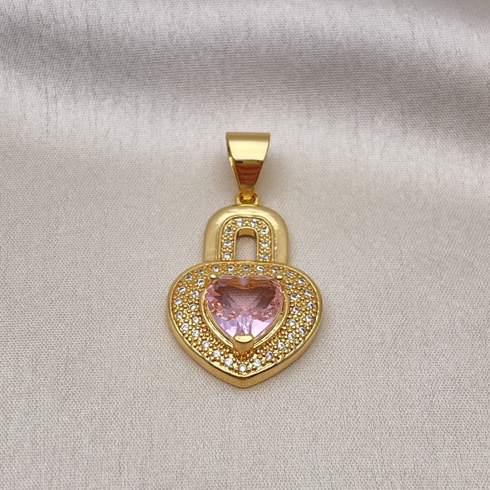 Oro Laminado Fancy Pendant, Gold Filled Style Heart Design, with White Micro Pave and Pink Cubic Zirconia, Polished, Golden Finish