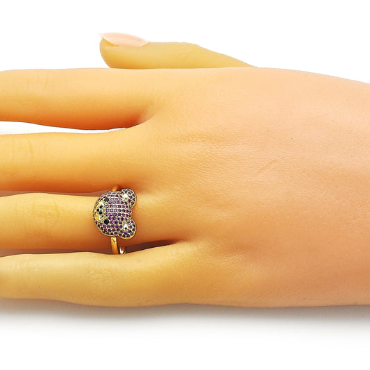 Oro Laminado Multi Stone Ring, Gold Filled Style Teddy Bear Design, with Ruby and Black Micro Pave, Polished, Golden Finish