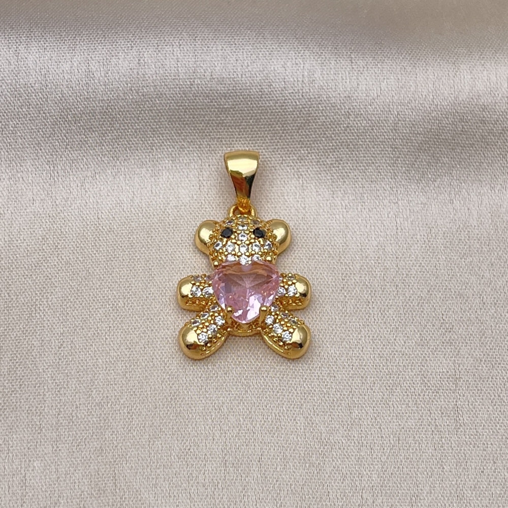 Oro Laminado Fancy Pendant, Gold Filled Style Teddy Bear and Heart Design, with Pink Cubic Zirconia and White Micro Pave, Polished, Golden Finish